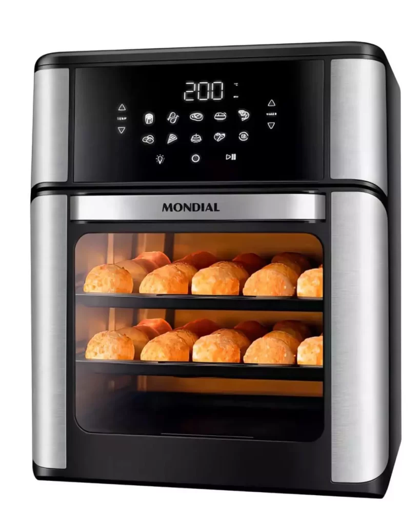 Fritadeira Air Fryer Oven Mondial 12L preta com detalhes em inox