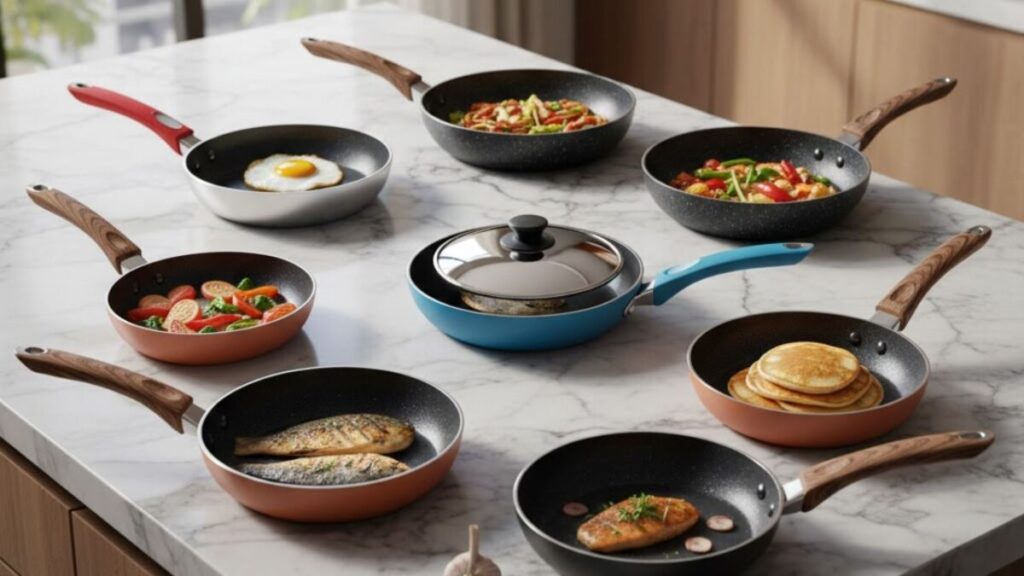 Frigideira antiaderente moderna com alimento deslizando suavemente na superfície, fundo de cozinha organizada e iluminada.